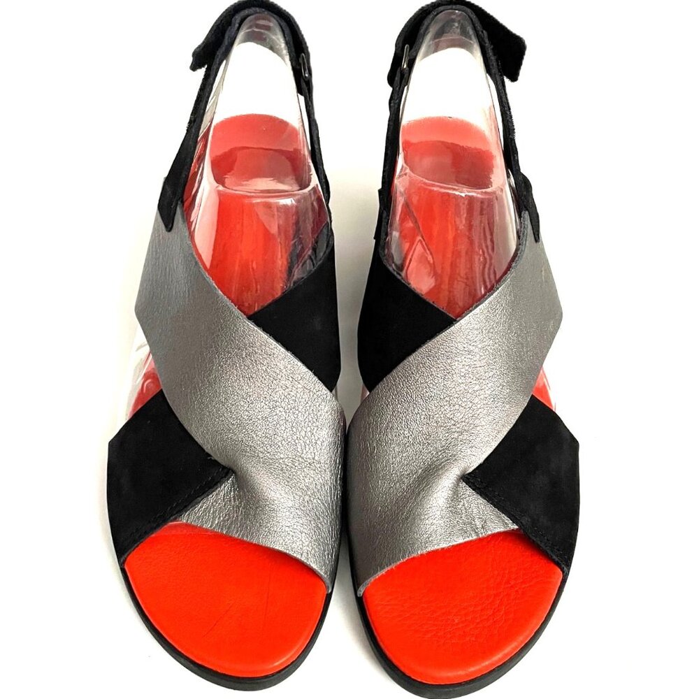 Arche Vayest Leather & Suede Crisscross Two Tone Black Orange Sandals US 9 EU 40